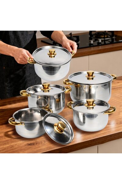 OneStore Set de vase de gătit din oțel inoxidabil auriu – 10 piese, 5 oale cu capace, antiaderent, compatibil cu inducție și toate sursele de căldură, 16–24 cm