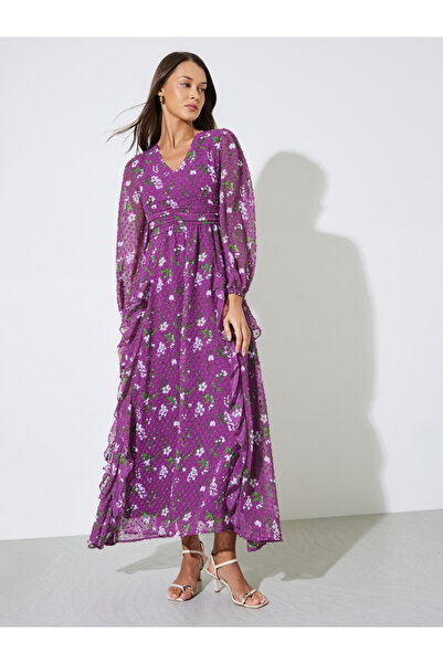 Styli Purple Floral Print Ruffle Details A-Line Maxi Dress