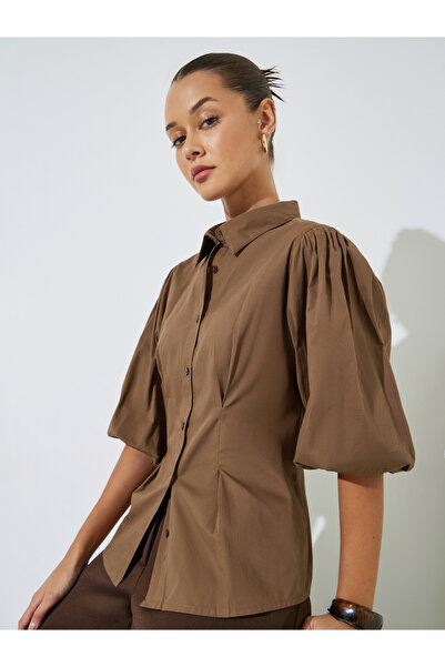Styli Brown Solid Puff Sleeves Peplum Shirt with Gathered Details