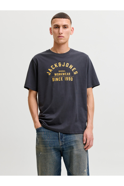 Jack & Jones Dark Blue Crew Neck T-Shirt with Logo Print