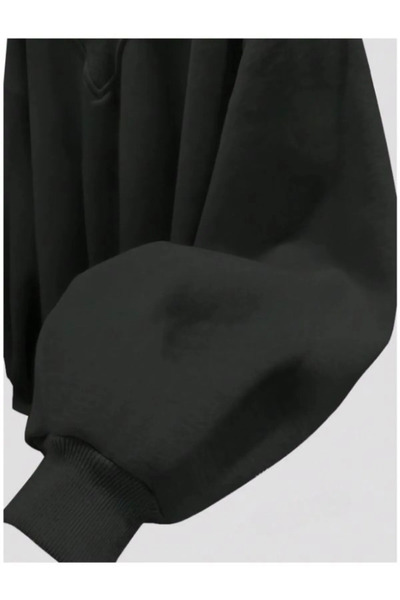 FUWEAR Siyah Kadın V Yaka Detaylı Oversize Sweatshirt