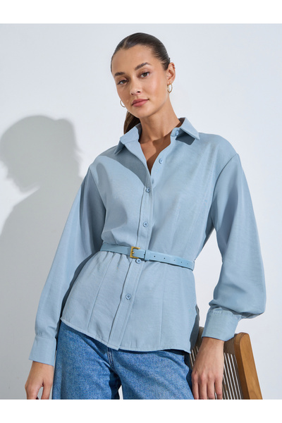 Styli Light Blue Solid Long Sleeves Belted Shirt