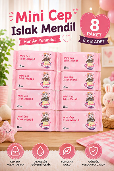 KEA Mini Cep Islak Mendil 8 Paket 64 Yaprak Cep Boy Pratik Islak Mendil