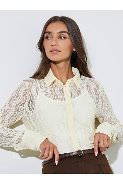 Styli Beige Solid Lace Long Sleeve Blouse