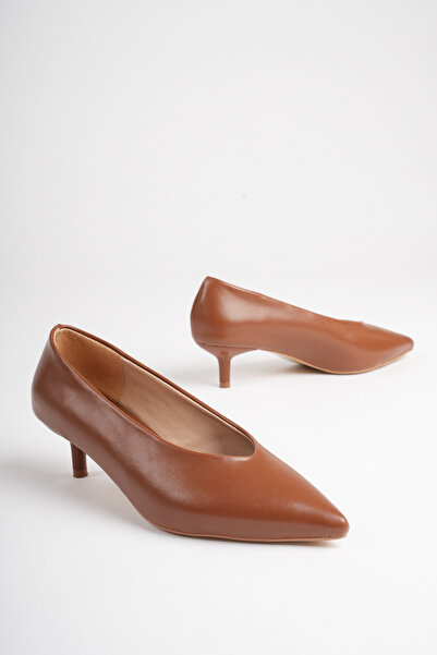 LORVENA Women's Tan Pointed Toe 4 cm Short Thin Heeled Stiletto Shoes