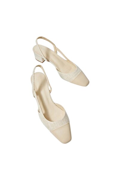 OEM Pantofi dama, crem, toc patrat, insertii textile, 39EU