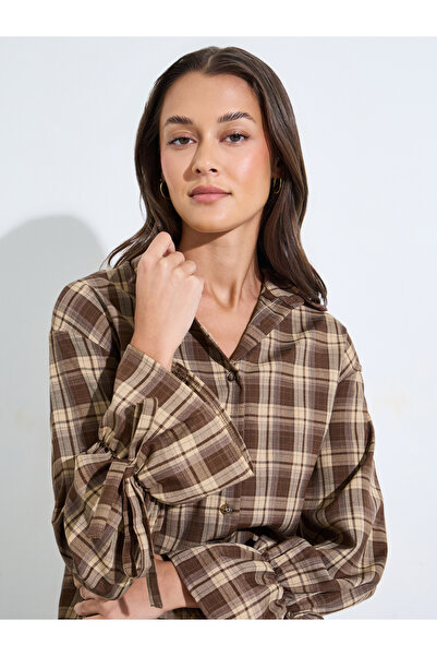 Styli Brown Checked Tie-Up Cuffed Sleeves Shirt