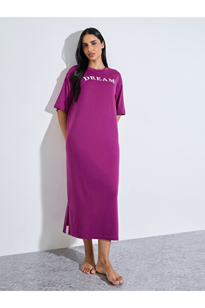 Styli Magenta Slogan Print Short Sleeve Sleep T-Shirt Dress