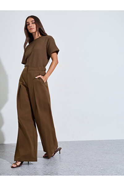 Styli Brown Solid Wide-Leg Trousers with Adjustable Waist