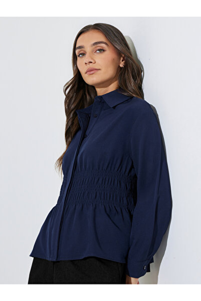 Styli Navy Blue Solid Smoked Waist Shirt