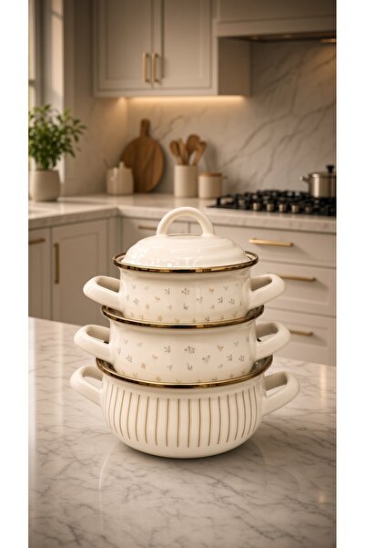 Funny Life 3-Piece Enamel Pot Set - Fiore Series - Total 6 Pieces with Lids, ...