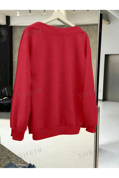 FUWEAR Kırmızı Kadın V Yaka Detaylı Oversize Sweatshirt