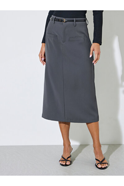 Styli Grey Solid Pocket Details Straight Midi Skirt