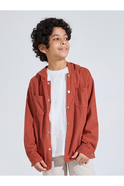 Styli Teen Boys Brown Hooded Corduroy Shacket with Snap Buttons