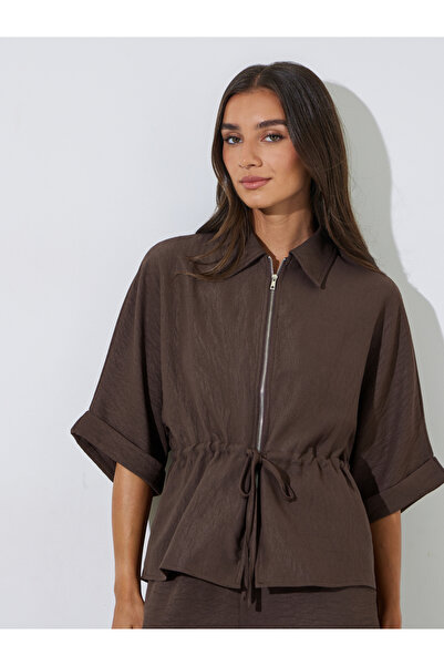 Styli Brown Solid Drawstring Waist Zip-Up Shirt Jacket