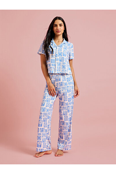 Styli Blue All Over Print Short Sleeves Shirt and Straight Pants Pyjama Set