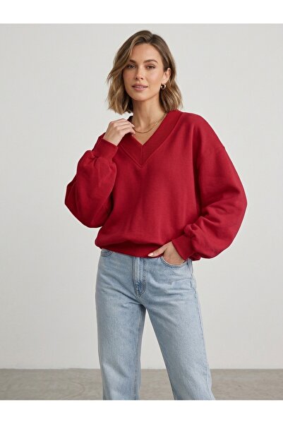 FUWEAR Kırmızı Kadın V Yaka Detaylı Oversize Sweatshirt