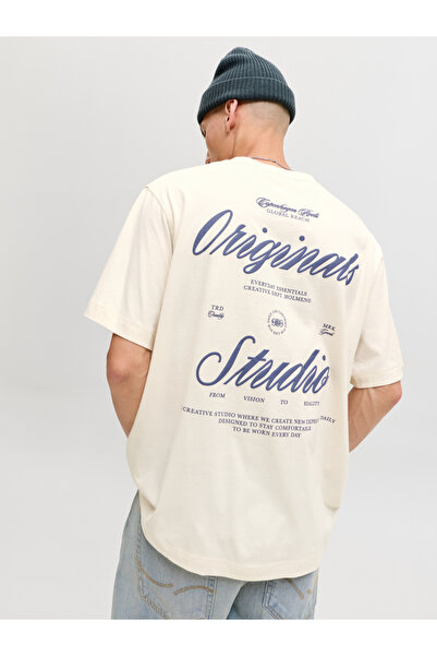 Jack & Jones Cream Graphic Print Crew Neck T-Shirt