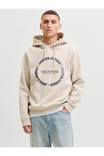 Jack & Jones Beige Printed Pullover Hoodie