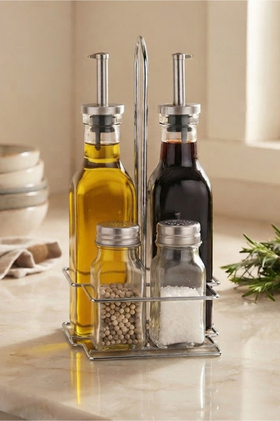 Fame Paslanmaz Kapaklı 4 lü Cam Yağdanlık & Sirkelik Seti (200 ML) – Metal St...