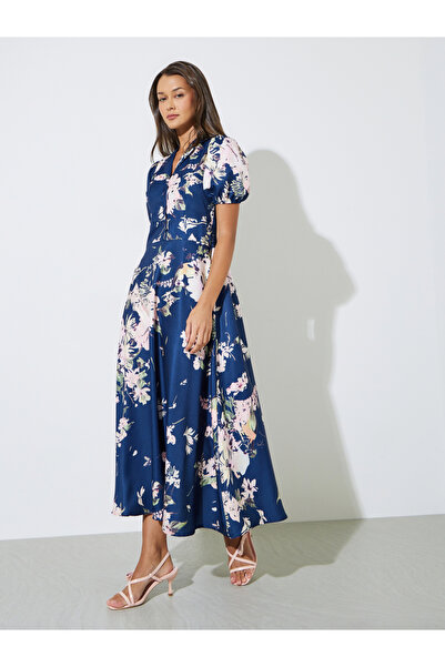 Styli Navy Blue Floral Print Ruched Back Shirt Maxi Dress