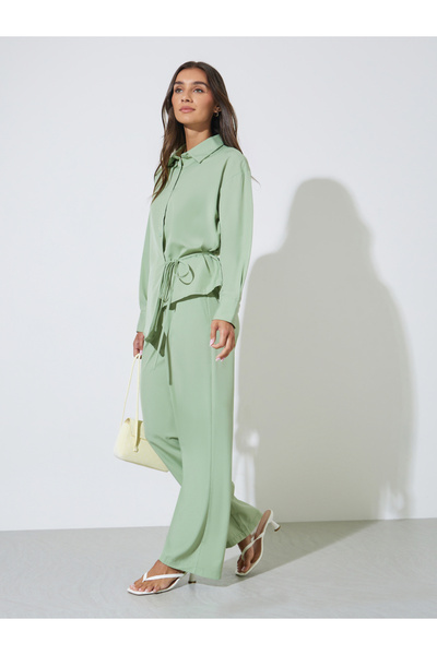 Styli Green Solid Tie-Up Waist Shirt and Wide Leg Pants Co-Ord Set