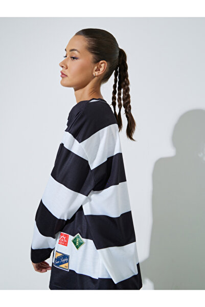 Styli Multi-Color Striped Long Sleeves Oversized T-Shirt with Patchwork Detail