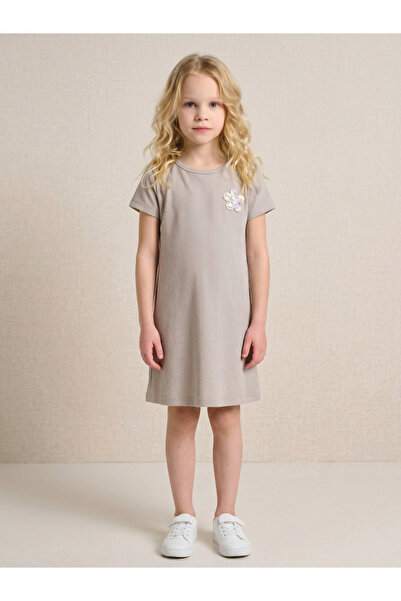 JUNIORLOOM By Styli Girls Beige Knit Knee Length Shift Dress with Sequin Flow...