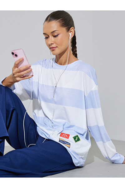 Styli Multi-Color Striped Long Sleeves Oversized T-Shirt with Patchwork Detail