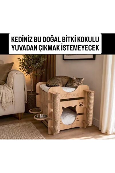 Asrimo mobilya 3 Fonksiyon Bir Arada Ahşap Kedi Evi