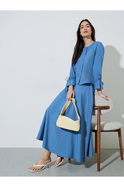 Styli Blue Solid Tie-Up Sleeves Top and A-Line Maxi Skirt Set