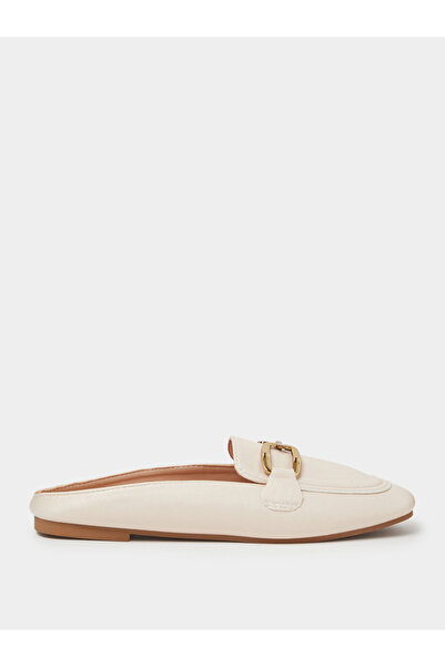Take Two By Styli Beige Flat Mules with Gold Buckle Detail