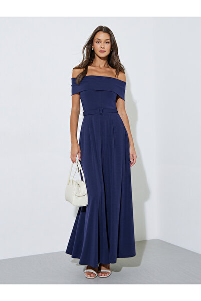 Styli Navy Blue Off Shoulder Belted A-Line Maxi Dress
