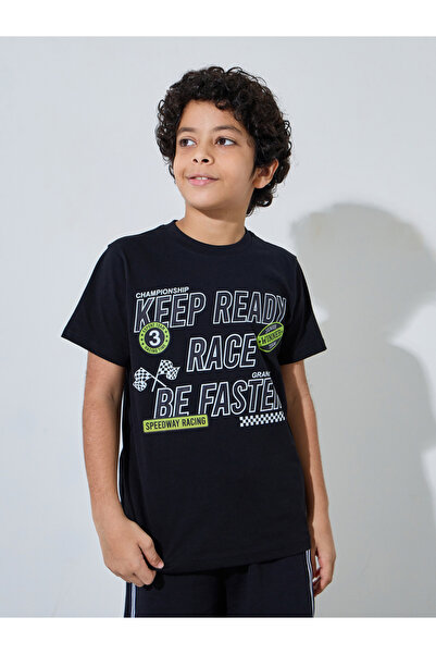 Styli Black Graphic Print Round Neck Regular Fit T-Shirt