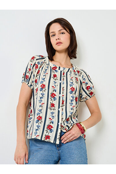 Take Two By Styli Beige Floral Print Puff Sleeve Blouse