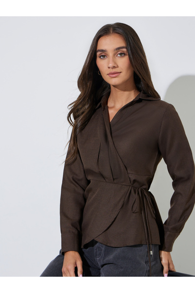 Styli Brown Collared Tie-Up Wrap Blouse