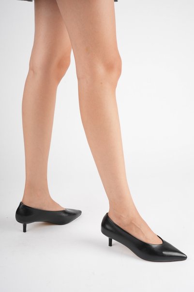 LORVENA Women's Black Pointed Toe 4 cm Short Thin Heeled Stiletto Shoes