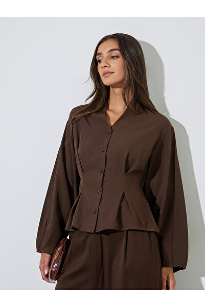 Styli Brown Solid Pleated Details Peplum Blouse