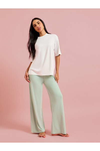 Styli Color Block Solid T-Shirt and Wide leg Pants Pyjama Set