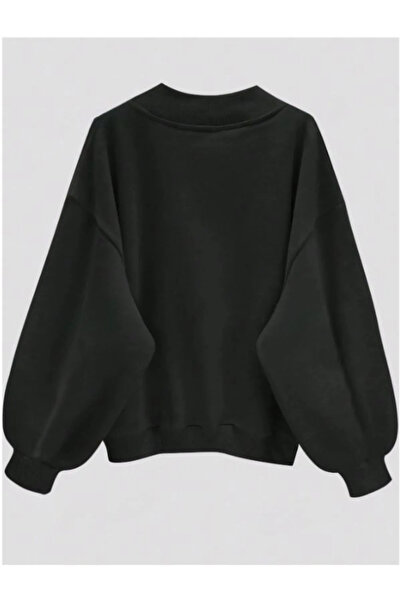 FUWEAR Siyah Kadın V Yaka Detaylı Oversize Sweatshirt