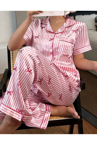 Take Two By Styli Striped Bow Print Satin Shirt and Pyjama Set