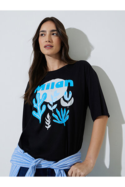 Styli Black Graphic Print Oversized T-Shirt