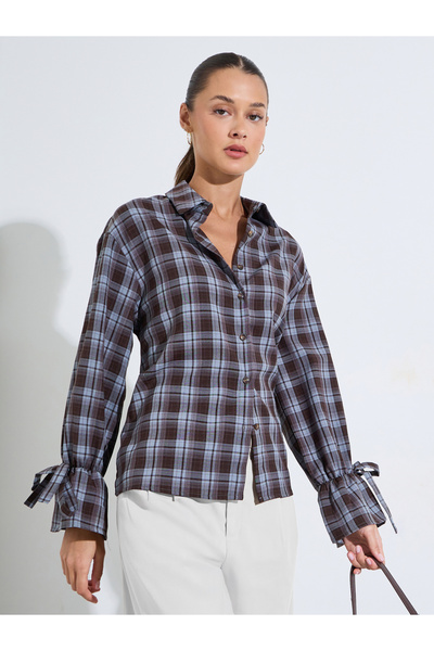 Styli Burgundy Checked Tie-Up Cuffed Sleeves Shirt