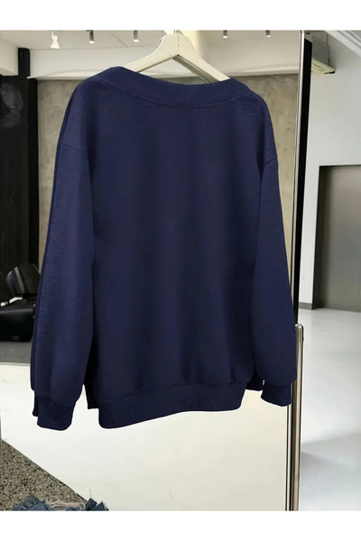 FUWEAR Lacivert Kadın V Yaka Detaylı Oversize Sweatshirt