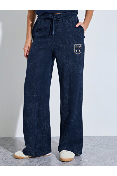 Styli Navy Blue Acid Wash Embroidered Wide Leg Joggers