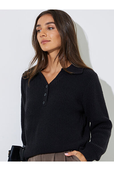 Styli Black Regular Fit Knit Sweater with Button Placket