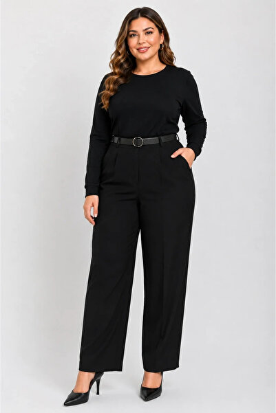 bysoca Women's Black Plus Size High Waist Belted Pants Office Casual Classic ...