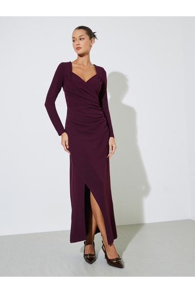 Styli Burgundy Solid Side Slit Gathered Detail Sheath Maxi Dress