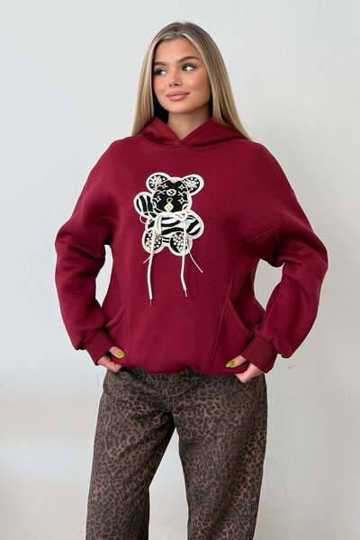 GİYSA Women's Hooded 3-Strand Sweatshirt with Teddy Bear Accessories, Burgund...