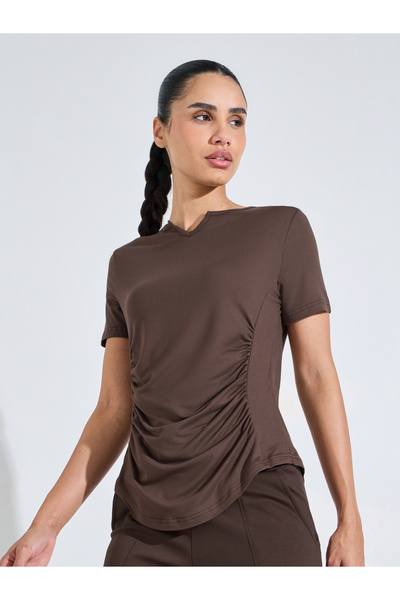 Styli Brown Solid Ruched Activewear T-Shirt